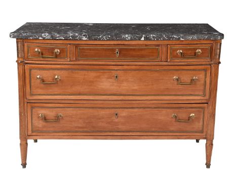 A French Directoire mahogany commode, early 19th century, with marble top, 88cm high, 130cm wide, 59cm deep