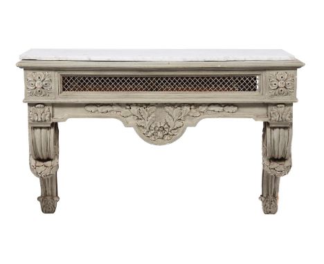 A grey painted wall-mounted console table, in French taste, 20th century, with marble top, 59.5cm high, 94cm wide, 35cm deep