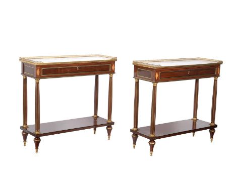 A pair of mahogany and brass inlaid console tables, in French Directoire style, each 93cm high, 97cm wide, 35.5cm deepConditi