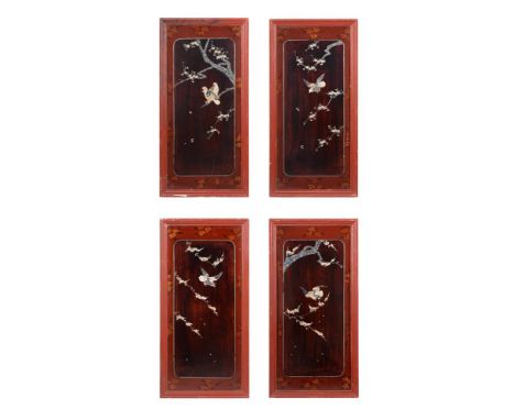 Y A set of four lacquered and mother of pearl inset panels, early 20th century and later set in simulated tortoiseshell frame