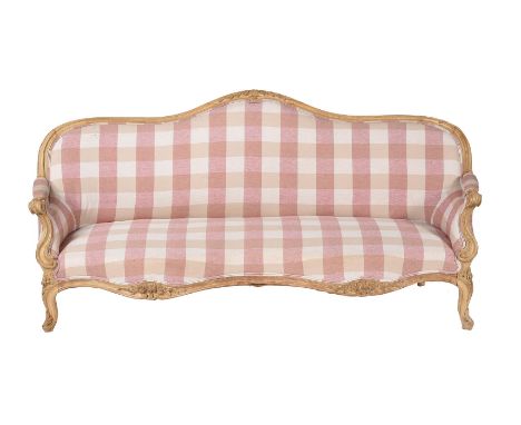 A pair of French beech and upholstered sofas, 19th century, in Louis XV style, each 91cm high, 192cm wide, approximately 75cm