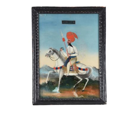 A reverse painted glass portrait of a gentleman on horseback, portrayed wearing turban and robes, and with text tablet, frame