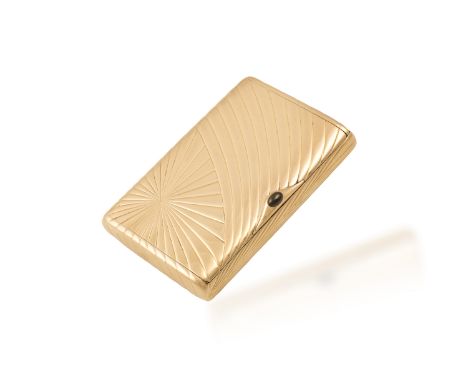 A RUSSIAN GOLD CIGARETTE CASE, ST PETERSBURG, 1908-1917The surface with sunburst and diagonal reeding, with cabochon sapphire