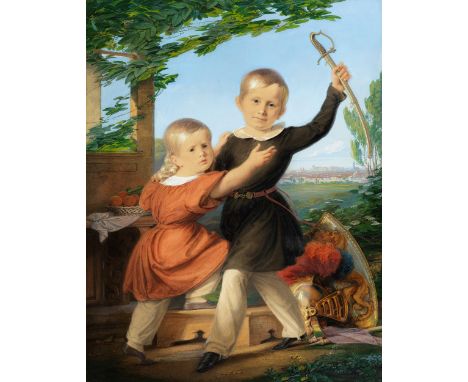 Johannes Samuel Otto, 1798 – 1878, zug.PAAR KINDER MIT FRÜCHTEN, HARNISCH UND STADTSILHOUETTE IM HINTERGRUNDÖldruck.Sichtmaß:
