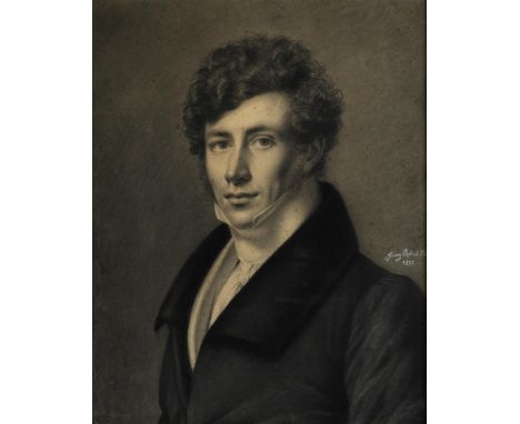 Fanny Robert, 1795 – 1872PORTRAIT EINES ELEGANTEN JUNGEN HERREN IN GEHROCK UND WEISSEM HEMD MIT VATERMÖRDERKRAGENMischtechnik
