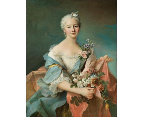 Jean-Marc Nattier,1685 Paris – 1766 Rom, zug.PORTRAIT EINER DAME MIT BLUMEN, UM 1750Öl auf Leinwand. Doubliert.92,1 x 73,3 cm
