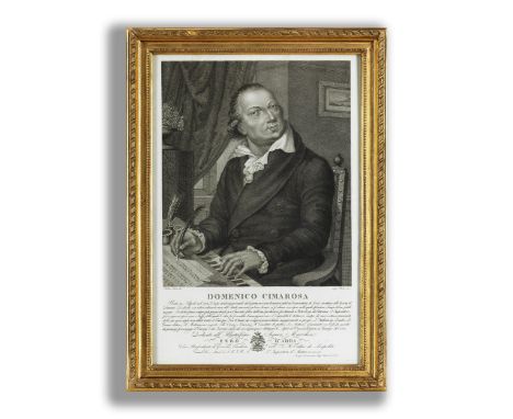 Luigi Rados, 1773 – 1840PORTRAIT DES DOMENICO CIMAROSA (1749-1801)Radierung.Sichtmaß: 46,5 x 31,5 cm.Hinter Glas, in dekorati