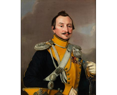 Portrait des Karl Freiherr von GodartÖl auf Leinwand.87 x 64 cm.Verso mit betitelndem EtikettHüftportrait des Uniformierten v
