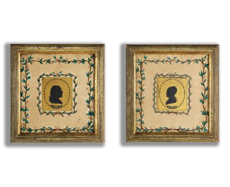 Paar PortraitscherenschnitteSichtmaß: 21,5 x 21 cm.Jeweils hinter Glas gerahmt.Frankreich, 1788.Auf Goldpapier gebrachte, ein