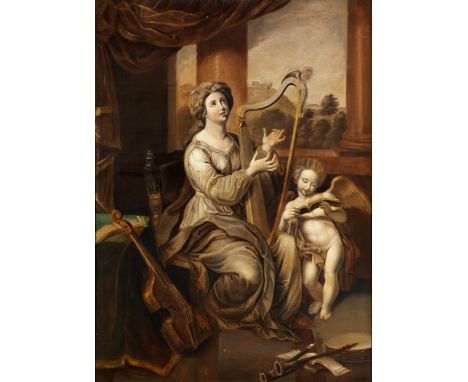 Pierre Mignard, 1612 – 1695, nachHEILIGE CÄCILIAÖl auf Holzplatte.84 x 61,5 cm.Verso begonnenes Portrait eines Mannes mit ang