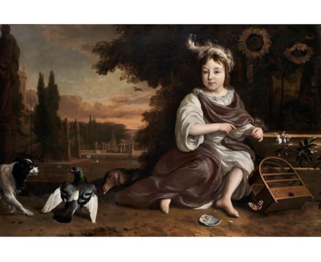 Jan Weenix, 1640/41 Amsterdam – 1719PORTRAITBILDNIS DES PRINZEN VON ORANIEN MIT VOGELKÄFIG IN PARKLANDSCHAFTÖl auf Leinwand. 