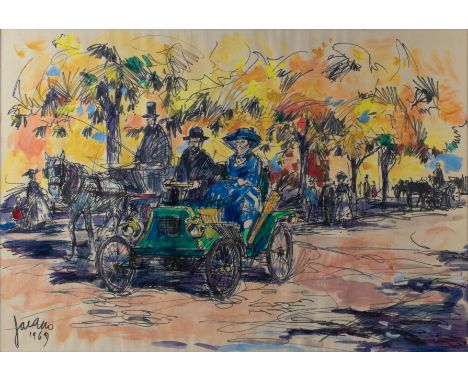 JACANO (1923-1995), mixed media on paper Southern view with carriage and automobile, signed and dated 1969JACANO (1923-1995),