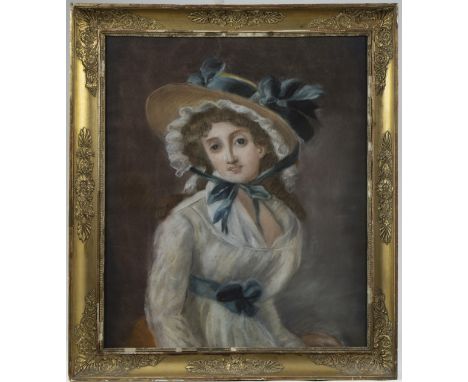 19th century gouache portrait of a young lady, in gilded Empire frame19e eeuwse gouache portret van een jongedame, in verguld