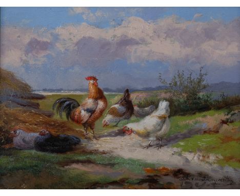 Jef Louis VAN LEEMPUTTEN (1867-1948), oil on panel Hens and rooster, signedJef Louis VAN LEEMPUTTEN (1867-1948), olie op pane