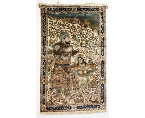 Persian hand-knotted kashmir/silk carpet with oriental animated scenePerzisch handgeknoopt kashmir/zijden tapijt met orientaa