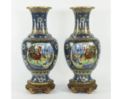 Pair of Chinese cloisonné vases with medallions with decoration of chickens, rooster and partridges on blue fond, 20th centur