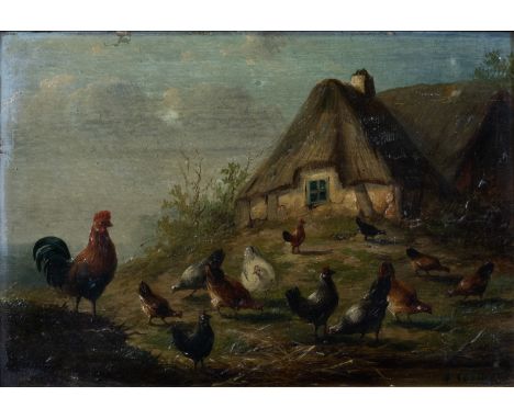 Auguste COOMANS (act.1855-1896), oil on panel Chickens and rooster in the yard, signedAuguste COOMANS (act.1855-1896), olie o