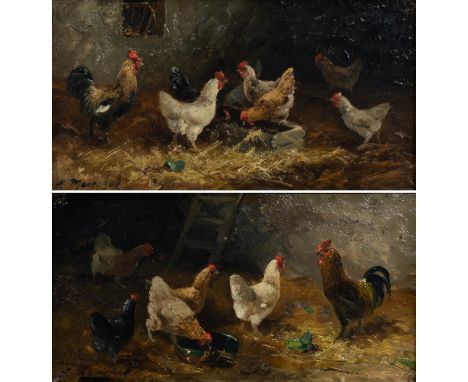 Gabriel MARECHAL, 19th century, pendant oil on canvas Chickens with rooster, signedGabriel MARECHAL, 19e eeuw, pendant olie o