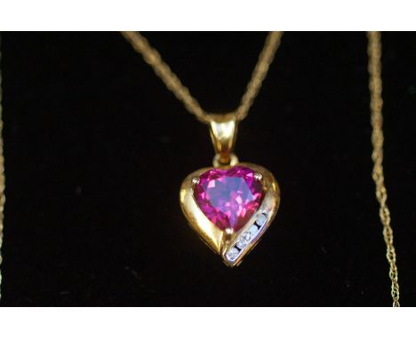 9ct Gold chain &amp; pendant set with created ruby &amp; diamonds 