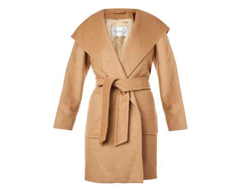 MAX MARA CAMEL RIALTO COATCondition grade A-.Italian size 42. 90cm chest, 85cm length. ‘Rialto’ camel toned wrap coat with ti