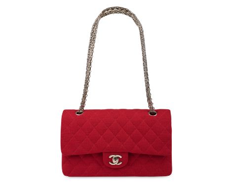 CHANEL RED FABRIC MEDIUM CLASSIC FLAP BAGCondition grade A-.Produced in 2005. 25cm long, 16cm high. 23cm doubled strap drop. 