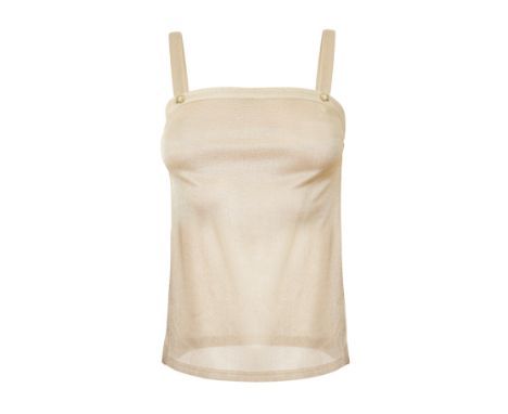 CHANEL SPARKLY SHEER TOPCondition grade A-. French size 34. 70m chest, 45cm length. Light gold sheer top with ‘CC’ logo butto