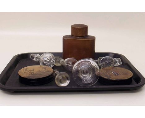 Arctic scenery snuff box, Spanish theme snuff box, a lacquer tea caddy together with a collection of decanter stoppers Condit