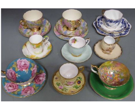 Coalport trio, two Aynsley cups and saucers 'A Cottage at Farncombe' and 1549, two Shelley cups and saucers 'Rock Garden', Wo