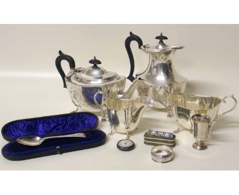 EPNS four piece tea set, silver spoon, brooch, fob watch and napkin ring. Condition report: see terms and conditions