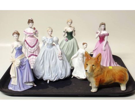 Two Royal Worcester figures of ladies, also four Coalport figures of ladies and a unmarked model of a Corgi. Condition report