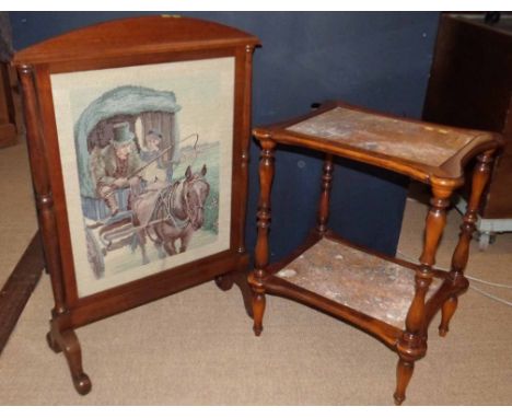 Victorian mahogany firescreen with tapestry inset depicting horse and cart and mahogany framed two tier occassional table ins