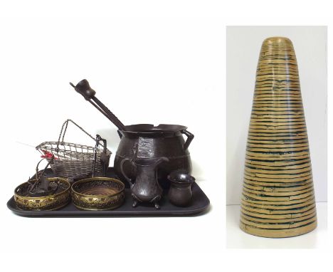 Bronze cauldron, brass/iron ladle, iron fork, plated punch ladle, two pierced brass coasters, two steel pouring measure, wire