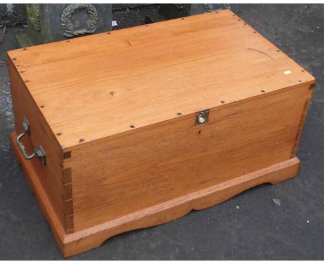 Late 19th century hardwood travelling trunk with brass carrying handles and brass fold-down opening handle. Condition report: