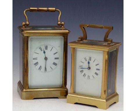 French brass carriage clock with a white enamel dial and simple movement in a corniche case, height 14cm; also a small brass 