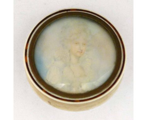 French ivory circular box, the lid set with a painted miniature female portrait (faded), diameter 8cm. Condition report: see 