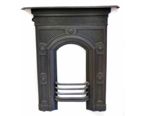 Victorian cast iron bedroom fire surround, height 94cm, width 78cm (shelf), depth 14cm (shelf). Condition report: see terms a