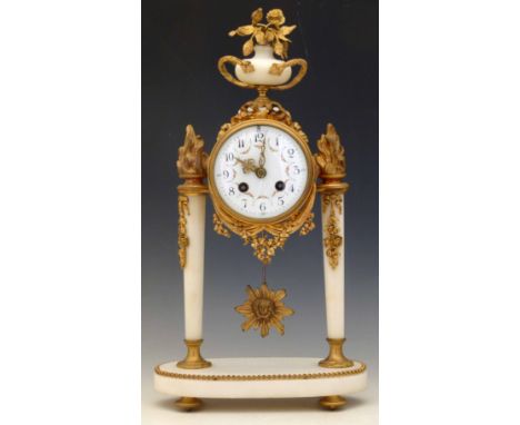 French Empire style mantel clock, late 19th century, the gilt drum case surmounted by a classical urn, enclosing a white enam