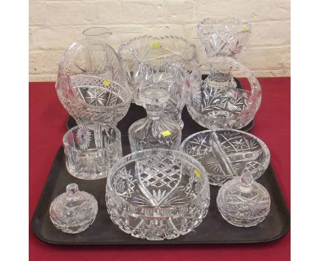 Collection of cut glass to include two bowls, wine bottle stand, two baskets decanter, two vases, three dishes and a jug Cond