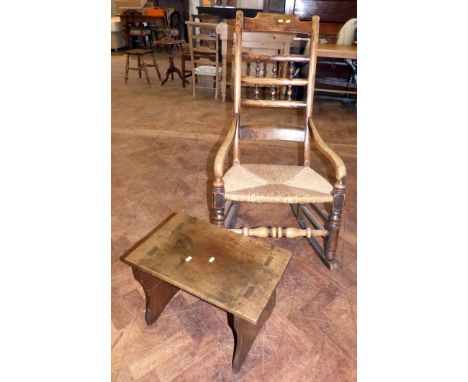 Elm country rocking chair and stool. Condition report: see terms and conditions