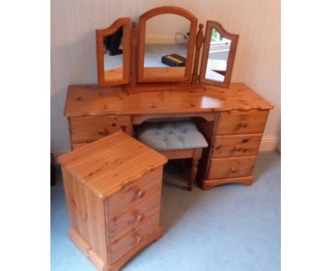 Modern pine dressing table, stool and two chests. Condition report: see terms and conditions