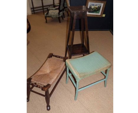 Lloyd Loom stool, oak jardinier stand and low rush seated stool. Condition report: see terms and conditions