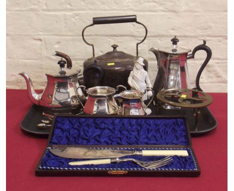 4 pc E.P. tea set; copper kettle; fish servers; trivit; figure Condition report: see terms and conditions