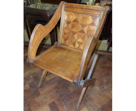 Victorian light oak Glasonberry chair with parquetry back panel Condition report: see terms and conditions