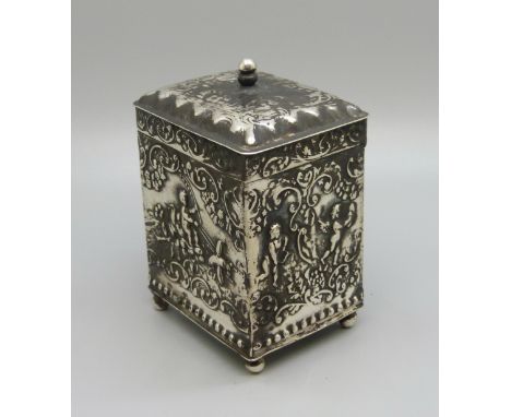 A German silver tea caddy, London import mark for 1905, Berthold Muller, 98g, 8.5cm 