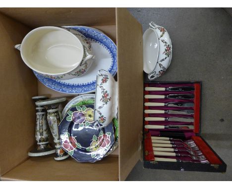 Three Minton Bellemeade dinner plates, three Royal Doulton vegetable dishes, one with chip to base, a cased set of fish knive