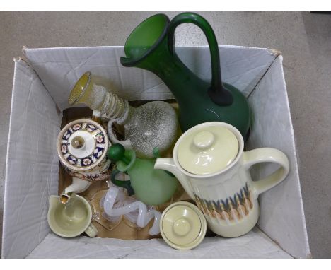 Four items of glass, a teapot and a three piece tea service **PLEASE NOTE THIS LOT IS NOT ELIGIBLE FOR POSTING AND PACKING** 