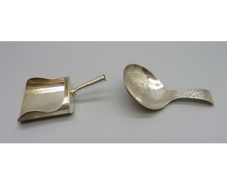 A George III silver caddy spoon, Birmingham 1810, Joseph Willmore, and one other George III silver caddy spoon lacking handle