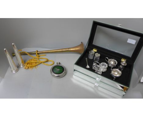 A hip flask, a hunting horn, a pair of Elkington plate salt and pepper pots, a mirrored jewellery box (a/f) and two cruet set