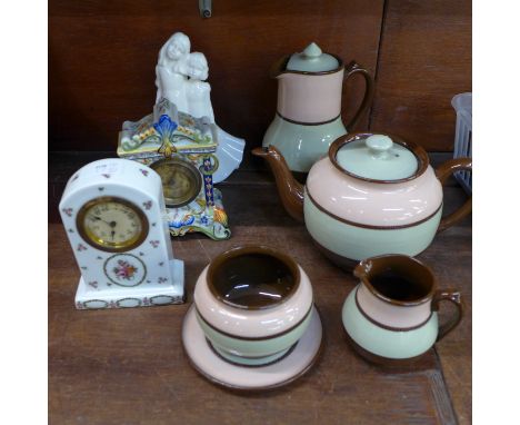 Two ceramic clocks and a Royal Worcester Moments Friendship figure and a Sadler tea service, tea pot, stand with chip to rim 