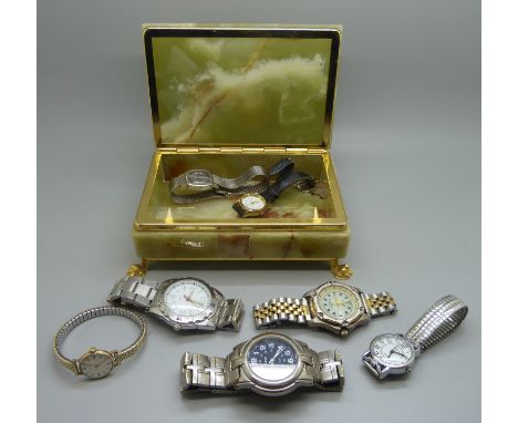 A lady's 9ct gold Rotary wristwatch and other wristwatches in an onyx jewellery box 